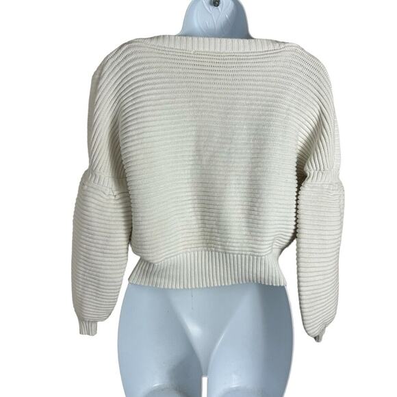 Fate By Lfd White Sweater Sz Medium Ribbed Puff Sleeves Cotton Structured Thick - Picture 6 of 10